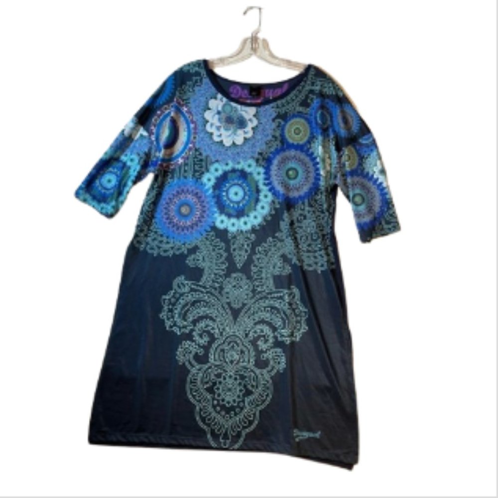 Desigual Navy Blue Tunic with Teal and Aqua Floral Medallions